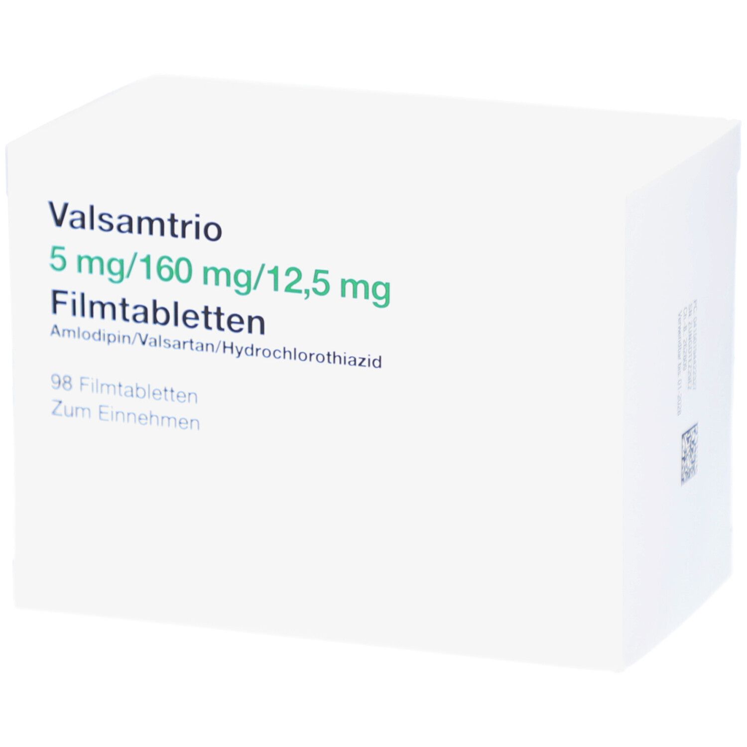 Weißer Karton mit grüner Schrift. Aufschrift: Valsamtrio 5 mg/160 mg/12,5 mg Filmtabletten. 98 Filmtabletten.