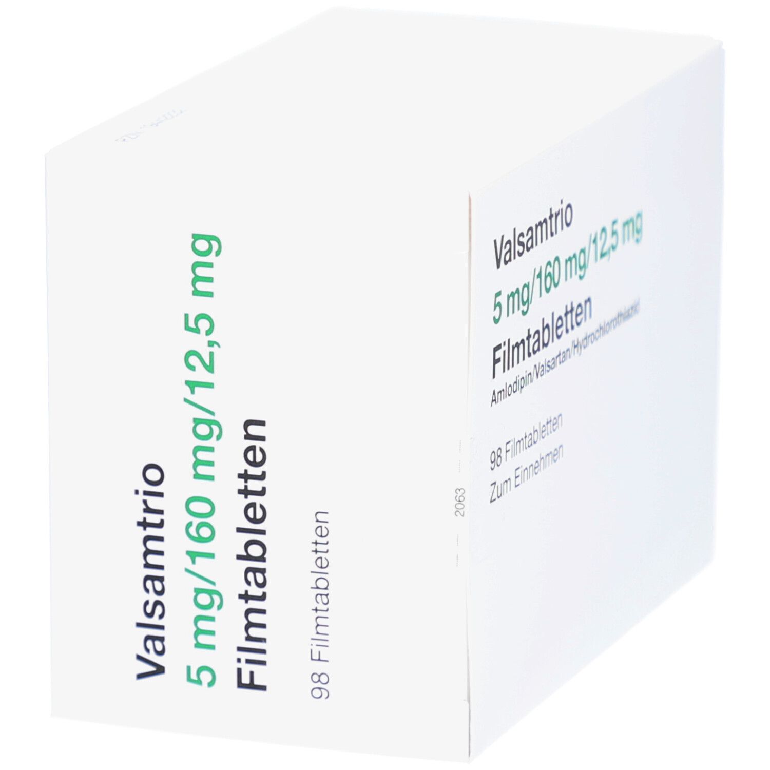Weißer Karton, grüne Schrift. Aufschrift: Valsamtrio 5 mg/160 mg/12,5 mg Filmtabletten. 98 Filmtabletten. Ansicht schräg.