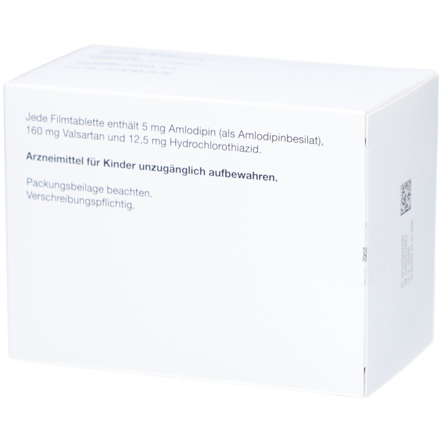 Weißer Karton mit Text. Aufschrift: Jede Filmtablette enthält 5 mg Amlodipin, 160 mg Valsartan und 12,5 mg Hydrochlorothiazid.
