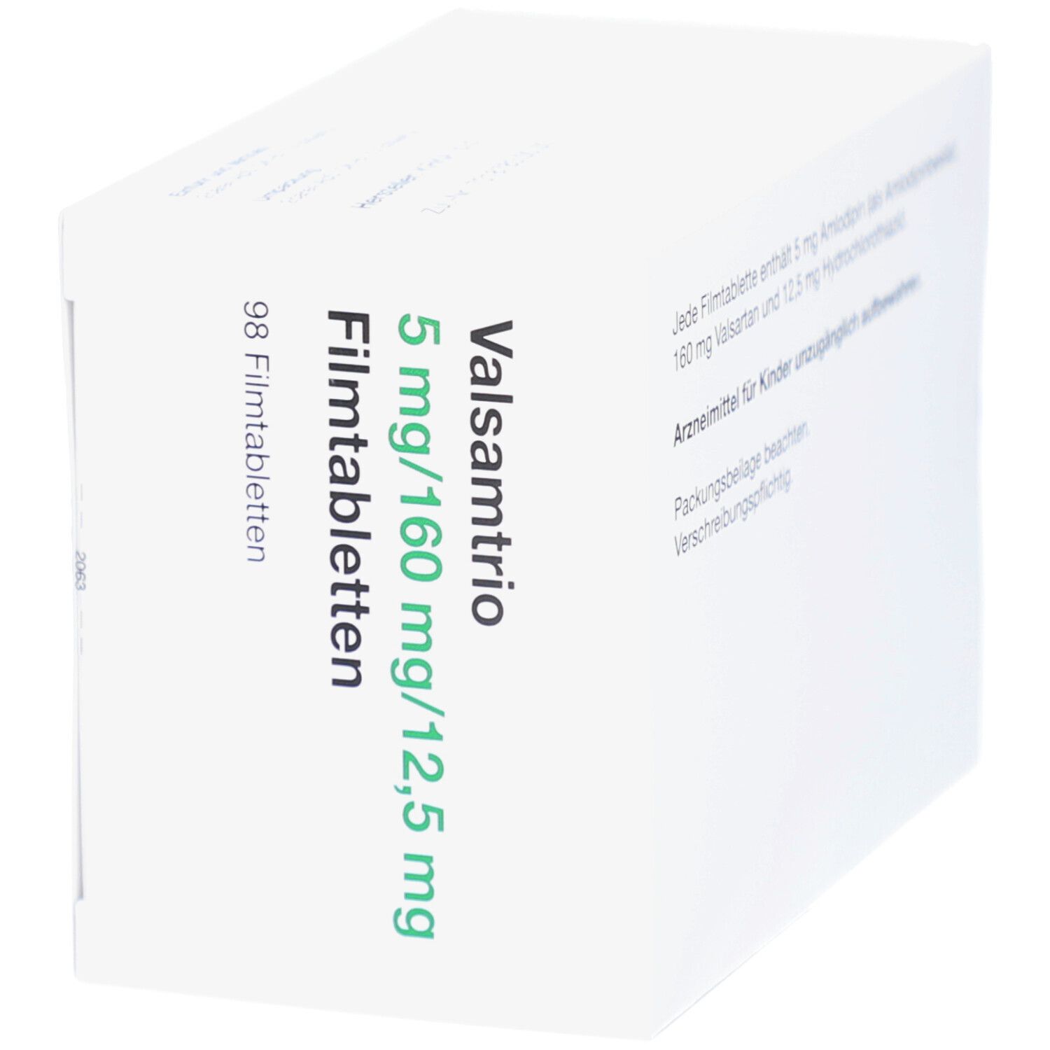 Weißer Karton, grüne Schrift. Aufschrift: Valsamtrio 5 mg/160 mg/12,5 mg Filmtabletten. 98 Filmtabletten. Ansicht schräg.