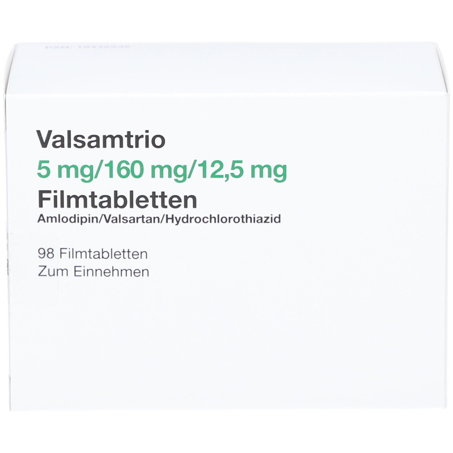 Weißer Karton mit grüner Schrift. Aufschrift: Valsamtrio 5 mg/160 mg/12,5 mg Filmtabletten. 98 Filmtabletten.
