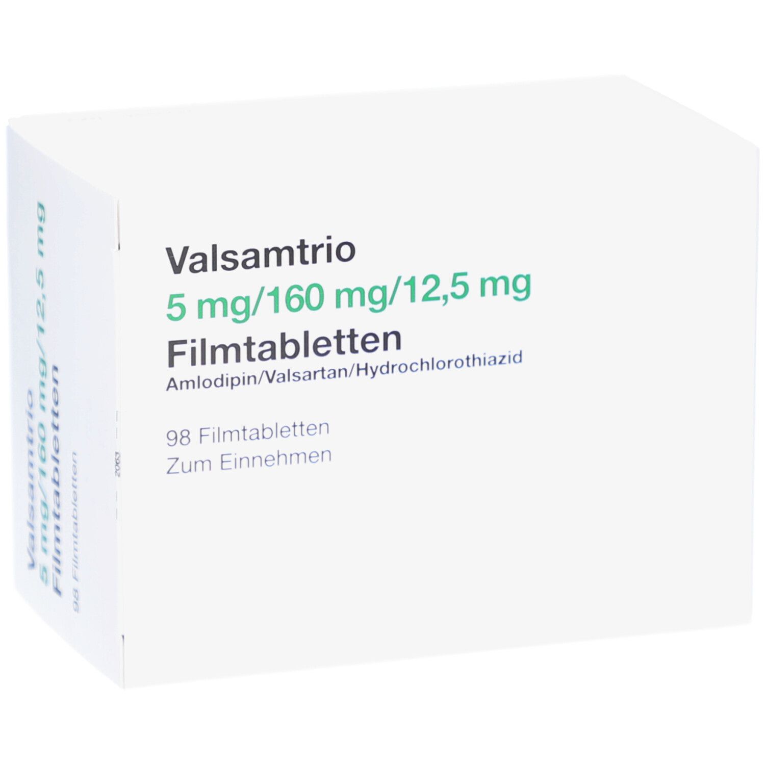 Weißer Karton mit grüner Schrift. Aufschrift: Valsamtrio 5 mg/160 mg/12,5 mg Filmtabletten. 98 Filmtabletten.