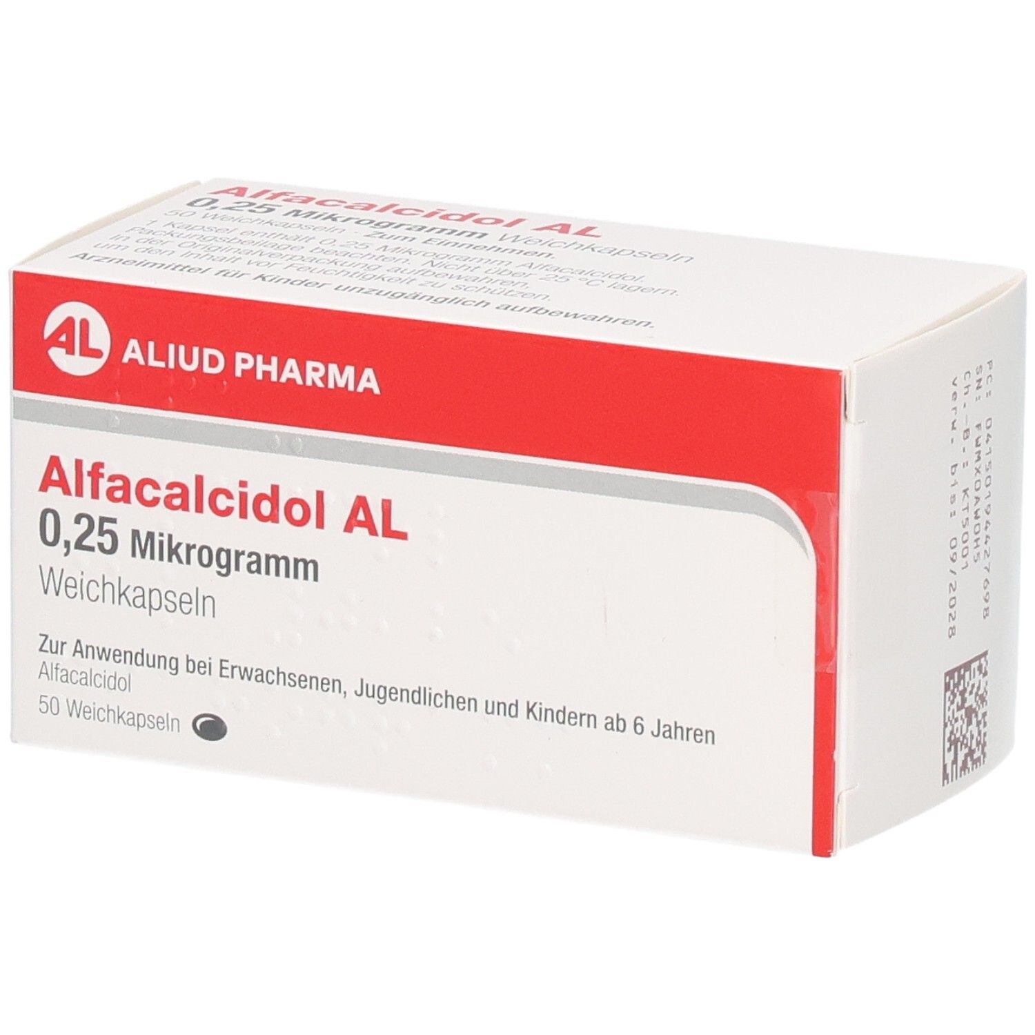 Weichkapseln-Packung. Aufschrift: Alfacalcidol AL 0,25 Mikrogramm. Marke: ALIUD PHARMA. 50 Weichkapseln.