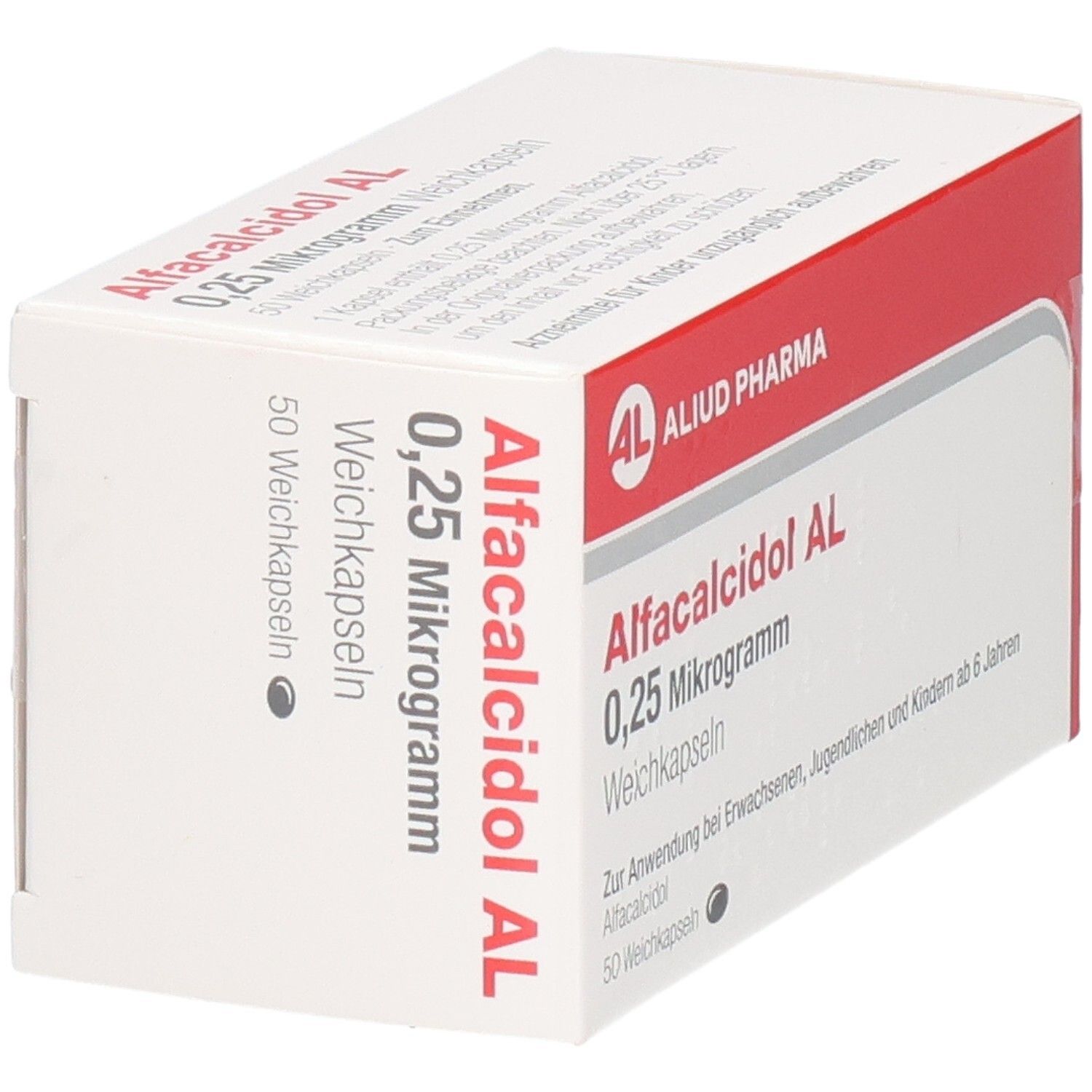 Weichkapseln-Packung. Aufschrift: Alfacalcidol AL 0,25 Mikrogramm. Marke: ALIUD PHARMA. 50 Weichkapseln.