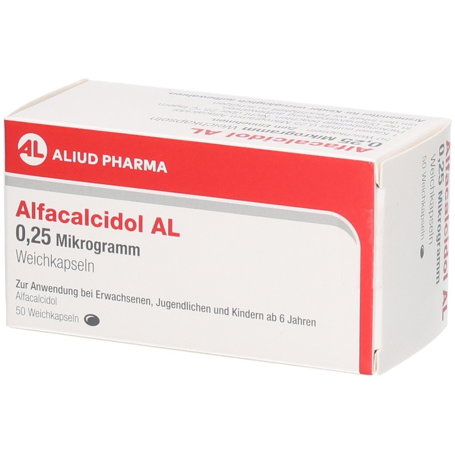 Weichkapseln-Packung. Aufschrift: Alfacalcidol AL 0,25 Mikrogramm. Marke: ALIUD PHARMA. 50 Weichkapseln.