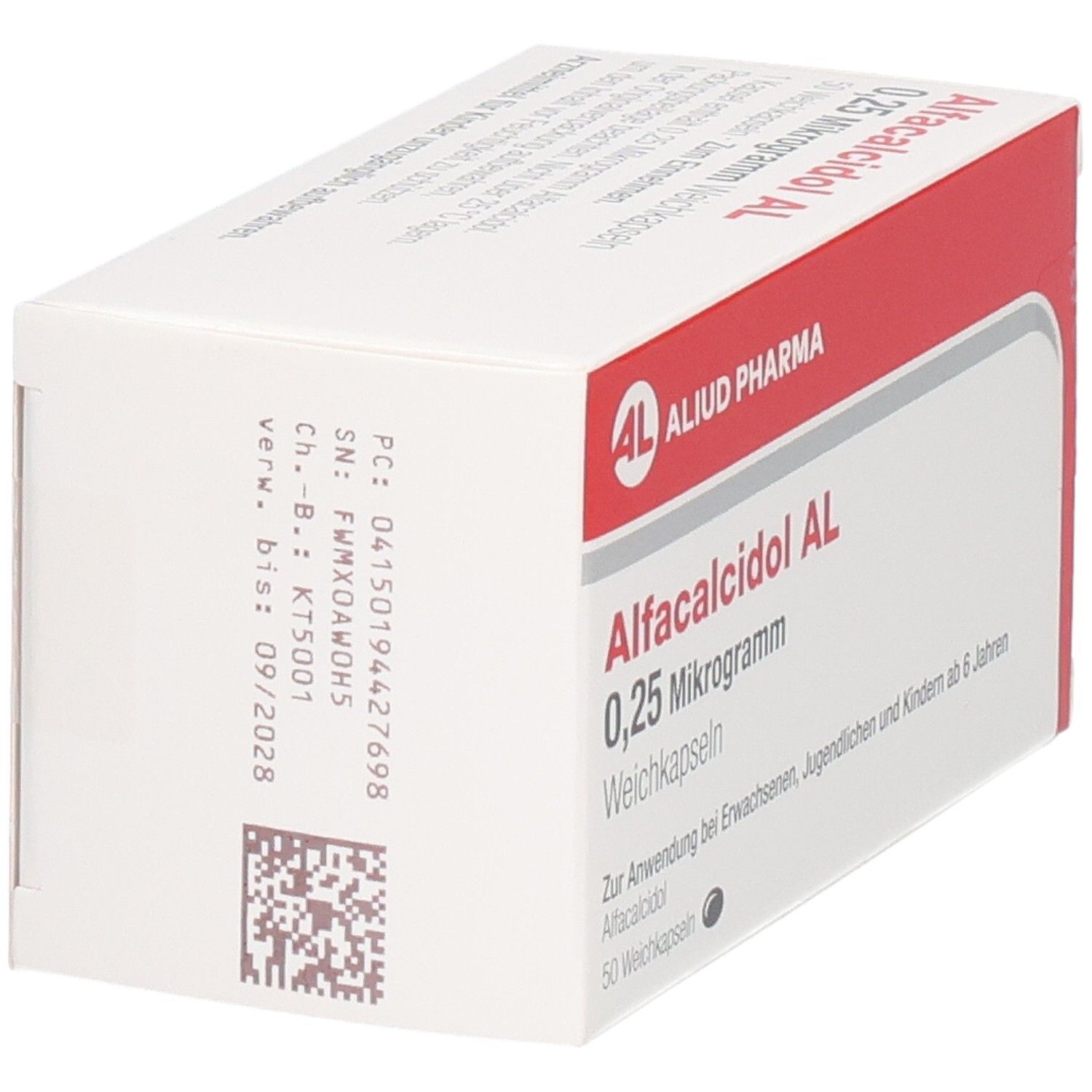 Weichkapseln-Packung. Aufschrift: Alfacalcidol AL 0,25 Mikrogramm. Marke: ALIUD PHARMA. 50 Weichkapseln. QR-Code.