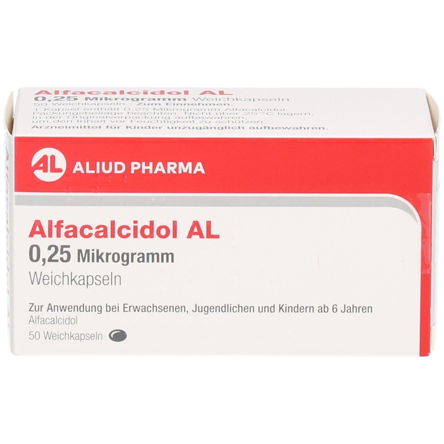 Weichkapseln-Packung. Aufschrift: Alfacalcidol AL 0,25 Mikrogramm. Marke: ALIUD PHARMA. 50 Weichkapseln.