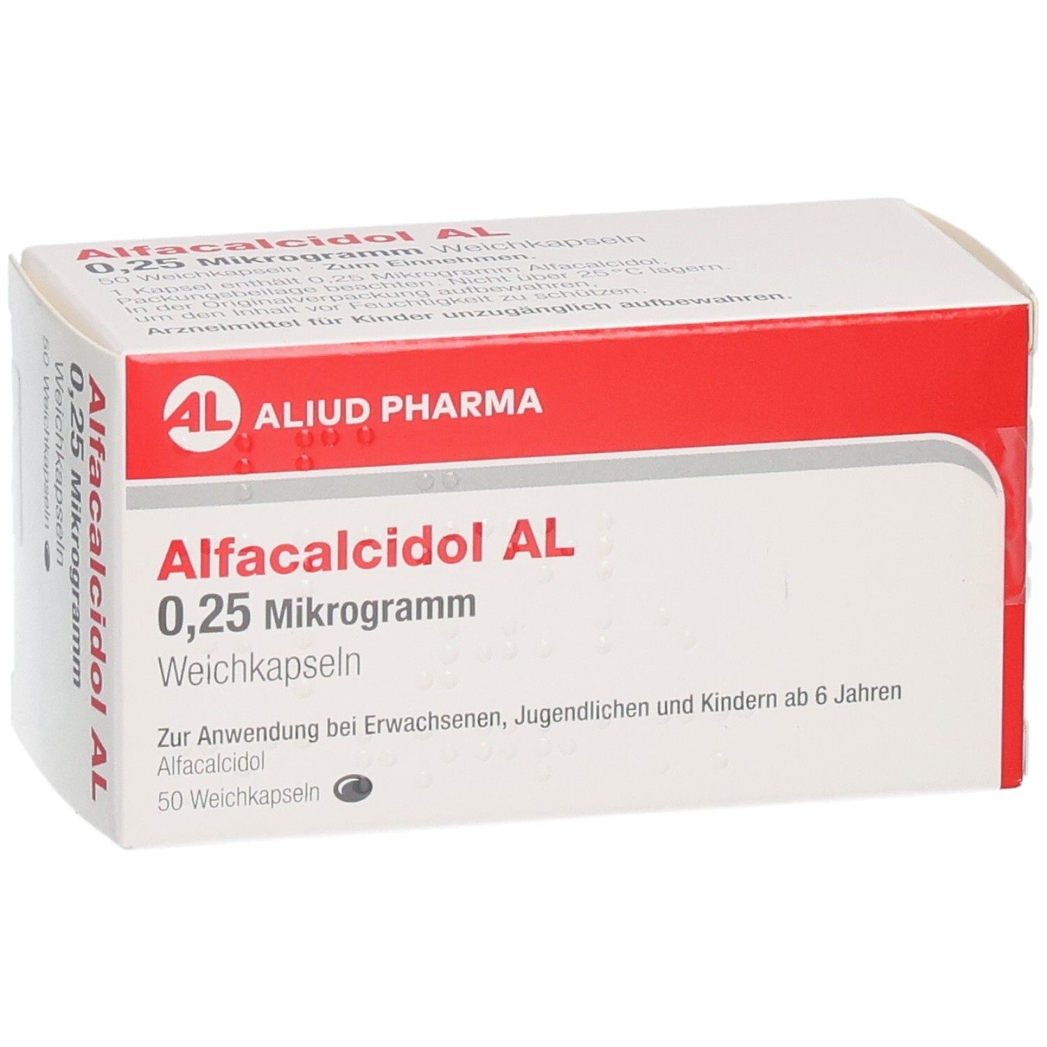 Weichkapseln-Packung. Aufschrift: Alfacalcidol AL 0,25 Mikrogramm. Marke: ALIUD PHARMA. 50 Weichkapseln.