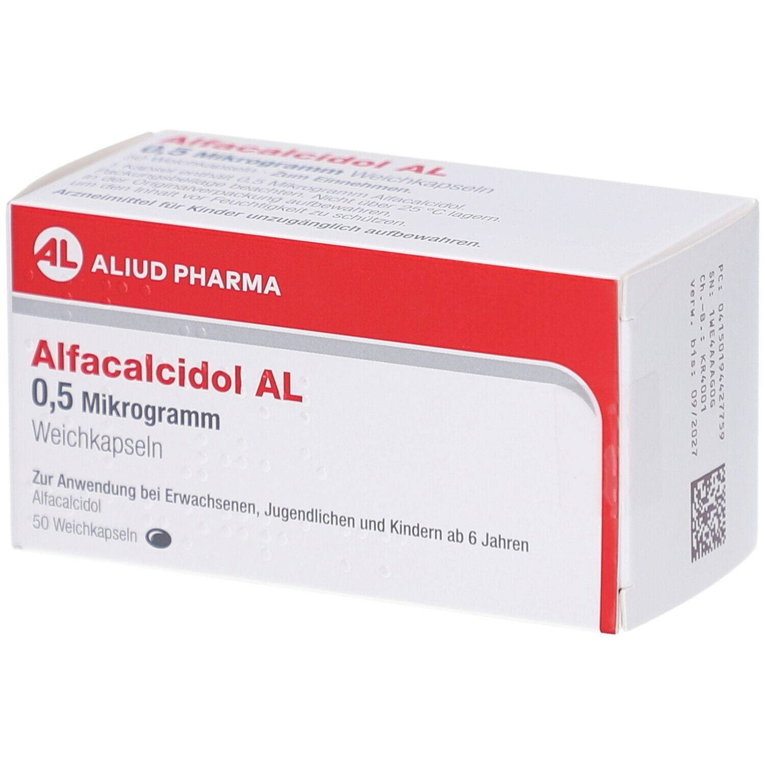 Weichkapseln-Packung. Aufschrift: Alfacalcidol AL 0,5 Mikrogramm. Marke: AL, Aliud Pharma. Rote und weiße Verpackung.