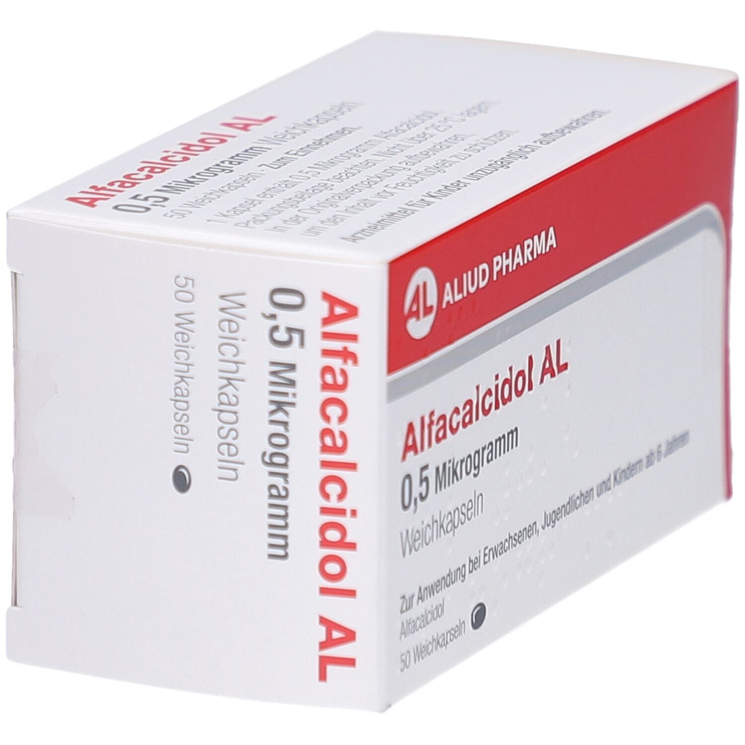Weichkapseln-Packung. Aufschrift: Alfacalcidol AL 0,5 Mikrogramm. Marke: AL, Aliud Pharma. Rote und weiße Verpackung.