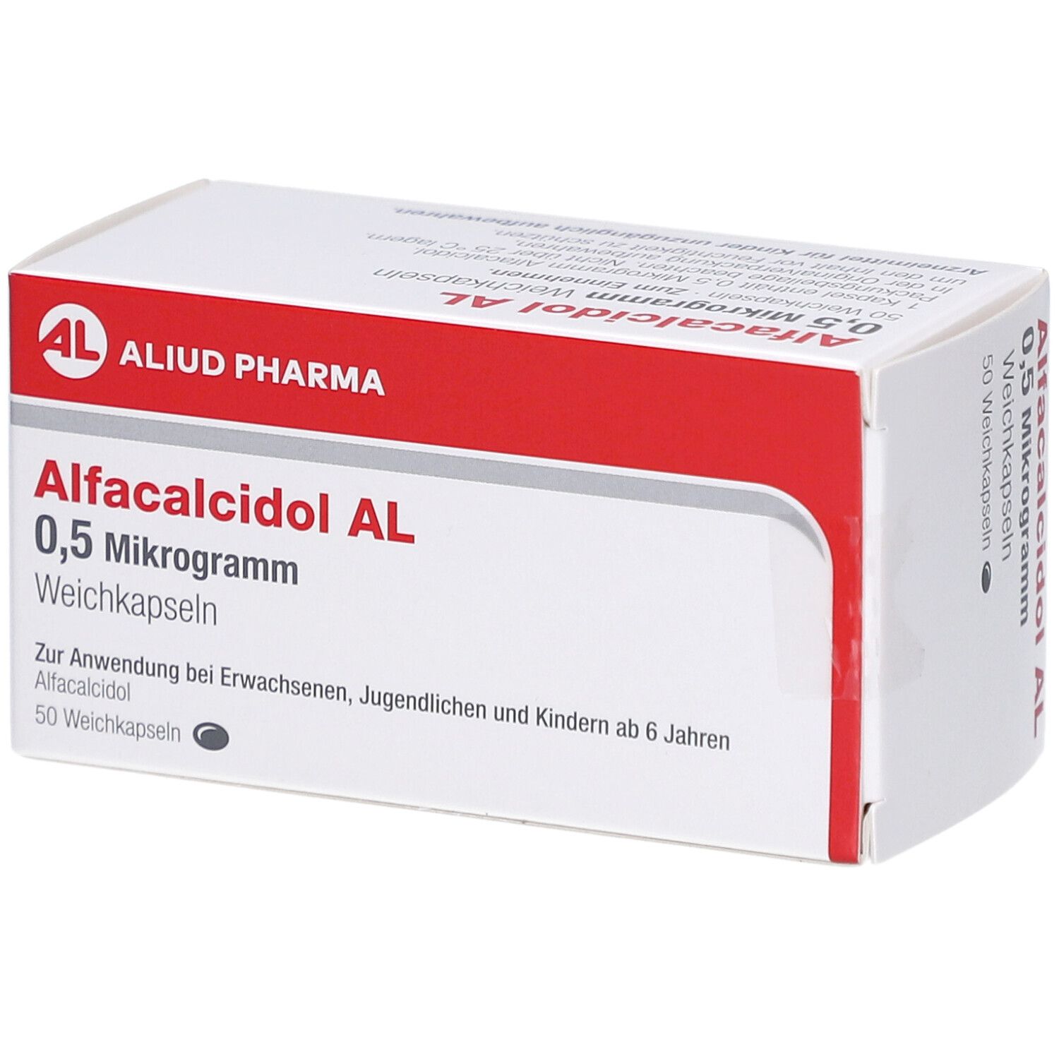 Weichkapseln-Packung. Aufschrift: Alfacalcidol AL 0,5 Mikrogramm. Marke: AL, Aliud Pharma. Rote und weiße Verpackung.