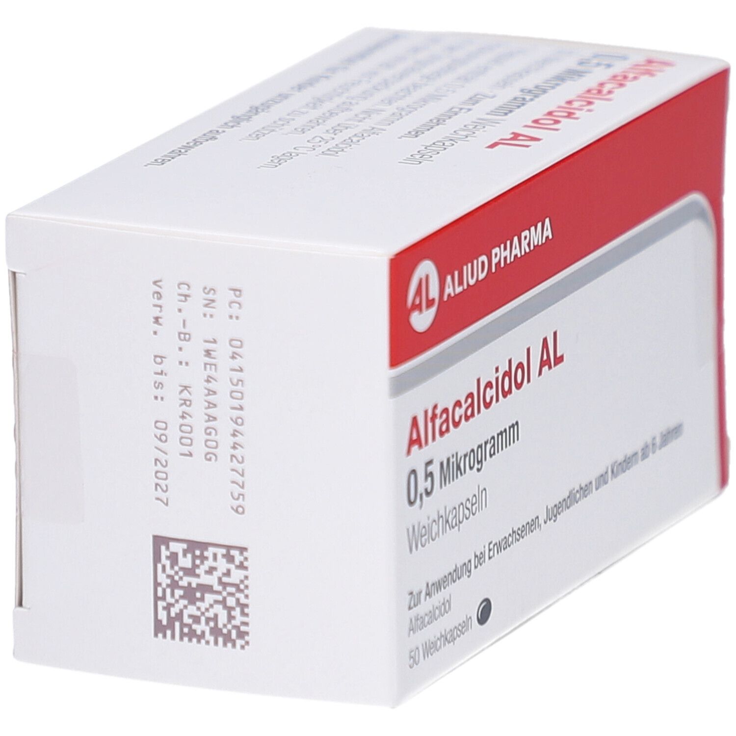 Weichkapseln-Packung. Aufschrift: Alfacalcidol AL 0,5 Mikrogramm. Marke: AL, Aliud Pharma. Rote und weiße Verpackung.