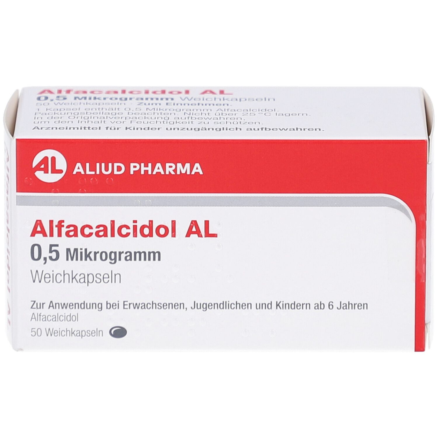 Weichkapseln-Packung. Aufschrift: Alfacalcidol AL 0,5 Mikrogramm. Marke: AL, Aliud Pharma. Rote und weiße Verpackung.