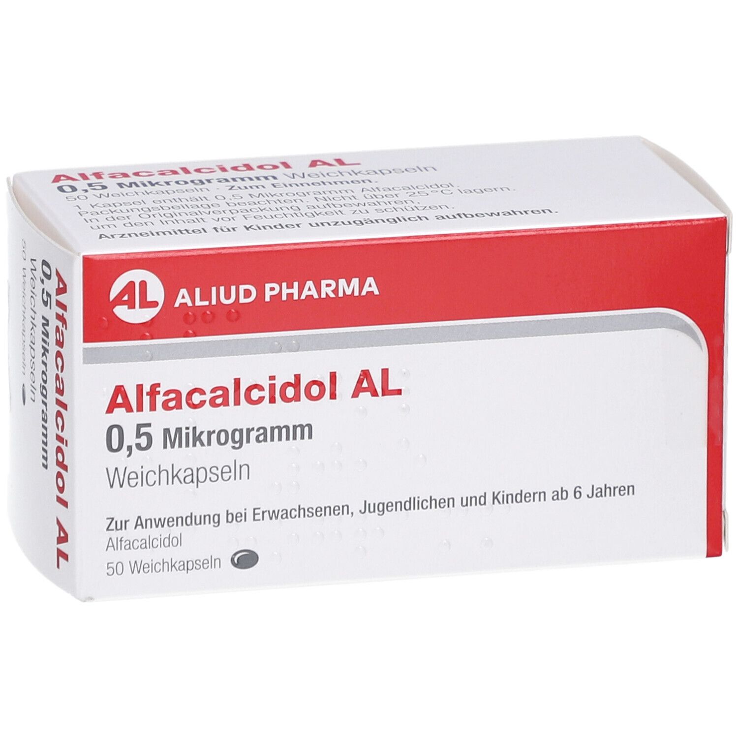 Weichkapseln-Packung. Aufschrift: Alfacalcidol AL 0,5 Mikrogramm. Marke: AL, Aliud Pharma. Rote und weiße Verpackung.