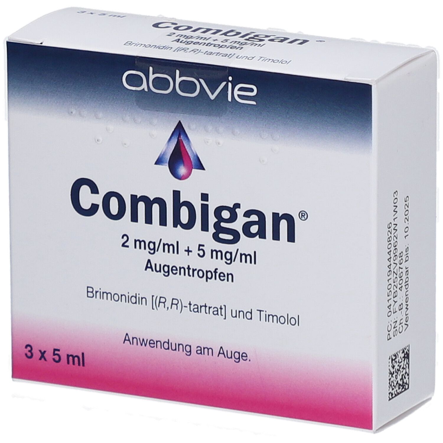 Karton mit "Combigan" Augentropfen. Enthält 3 x 5 ml. AbbVie Logo. Blaue und weiße Verpackung.