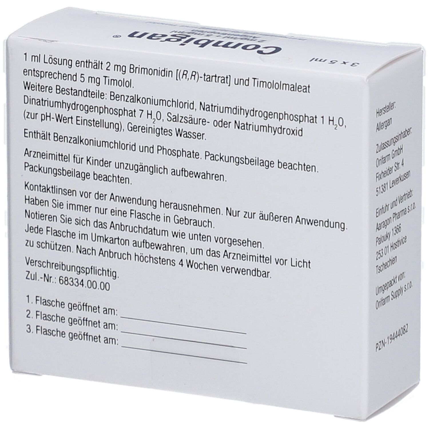 Rückseite der "Combigan" Augentropfen-Verpackung. Enthält Inhaltsstoffe und Anwendungshinweise. Text in deutscher Sprache.