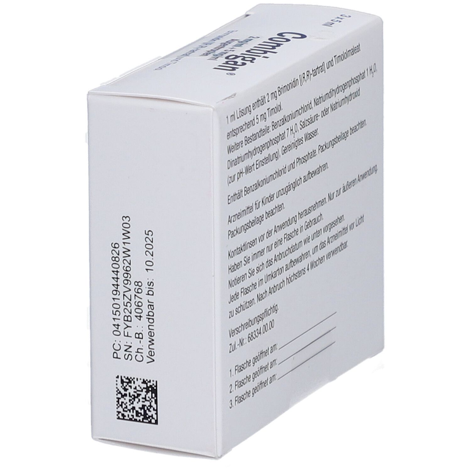 Seitenansicht der "Combigan" Augentropfen-Verpackung. Enthält Chargennummer und Verfallsdatum. Text in deutscher Sprache.