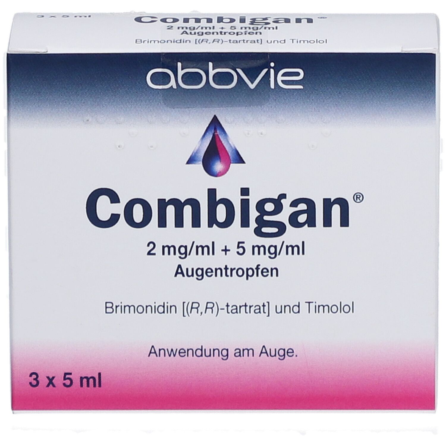 Vorderansicht der "Combigan" Augentropfen-Verpackung. Enthält Produktnamen, Dosierung und Herstellerlogo. 3 x 5 ml.