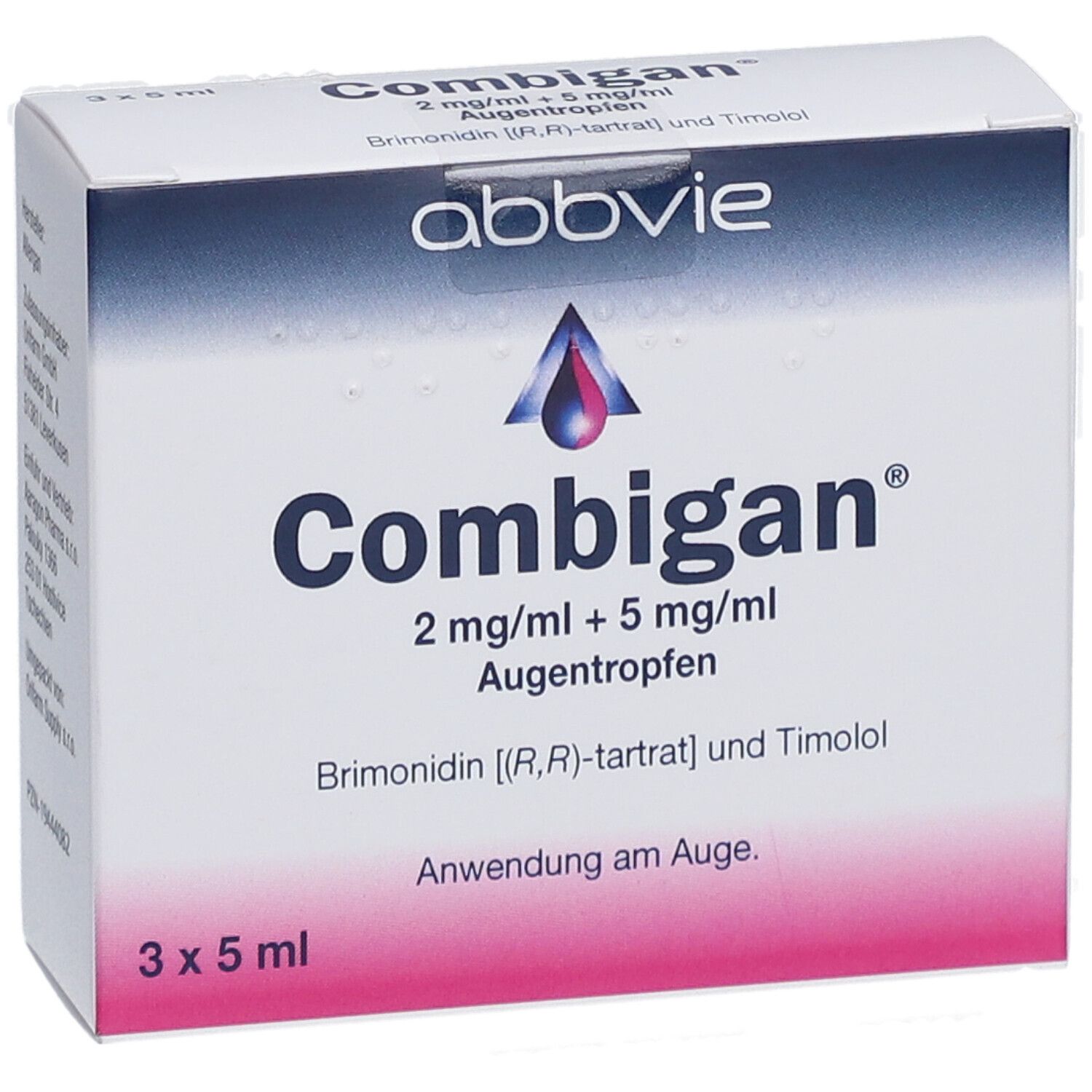 Vorderansicht der "Combigan" Augentropfen-Verpackung. Enthält Produktnamen, Dosierung und Herstellerlogo. 3 x 5 ml.