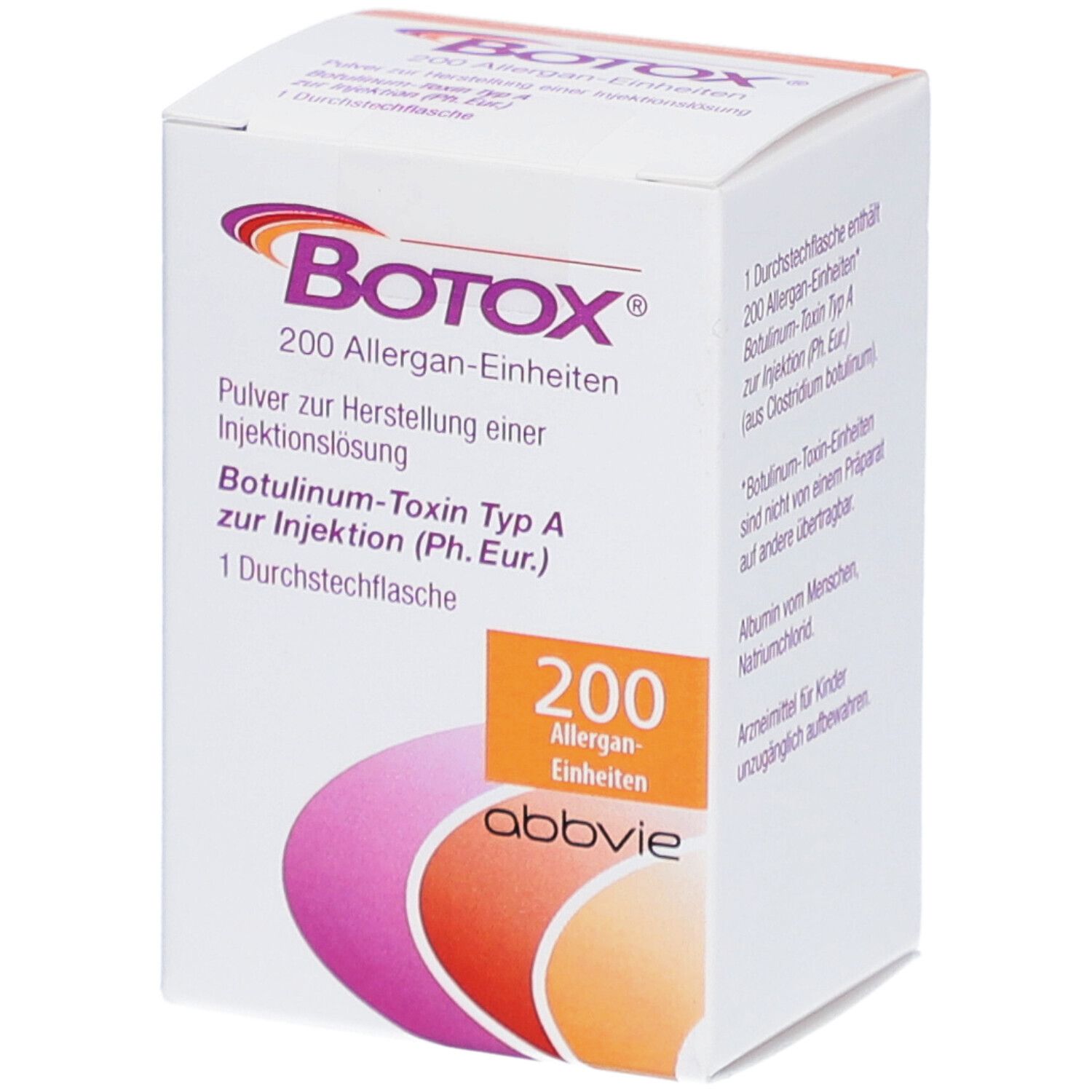 BOTOX-Verpackung. Enthält 200 Allergan-Einheiten. Pulver zur Herstellung einer Injektionslösung. Mit Logo und Herstellerangaben.