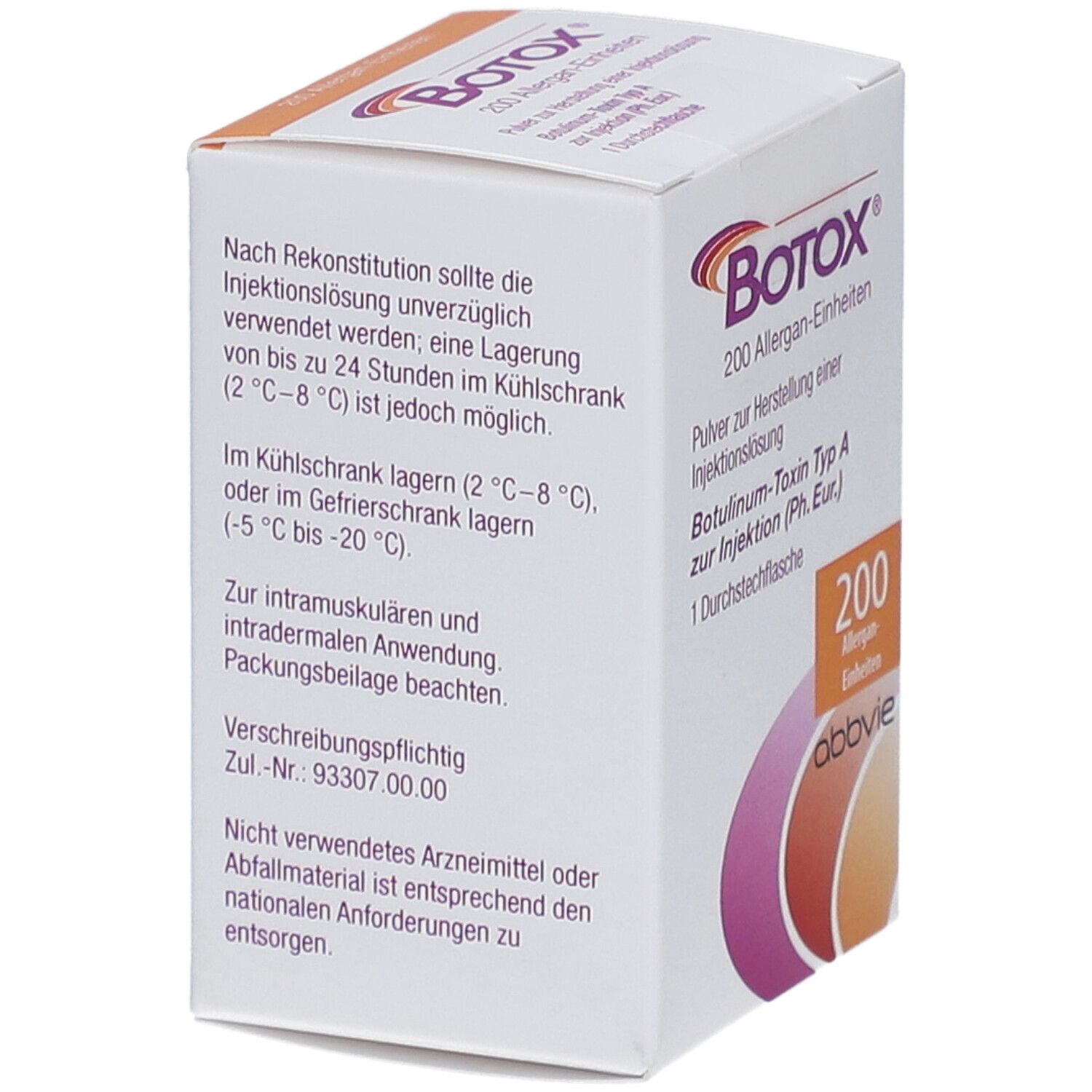 BOTOX-Verpackung. Text mit Anweisungen zur Lagerung und Anwendung. Hersteller- und Zulassungsnummern.