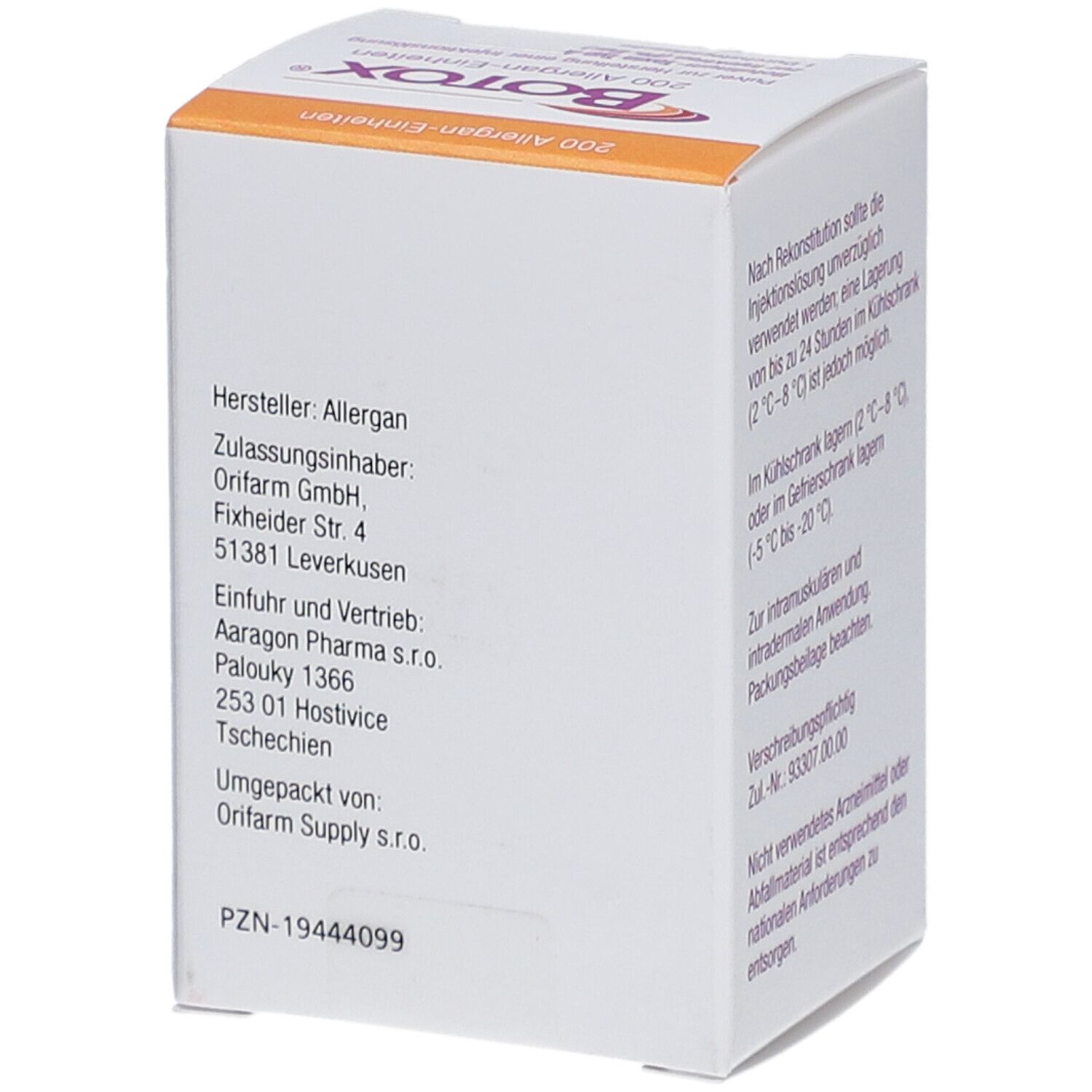 BOTOX-Verpackung. Herstellerangaben: Allergan, Orifarm GmbH. Zulassungsnummer und weitere Informationen.