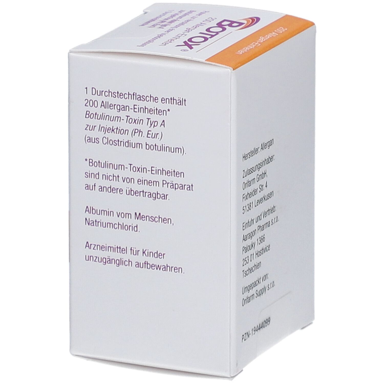 BOTOX-Verpackung. Enthält 200 Allergan-Einheiten. Text mit Inhaltsstoffen und Warnhinweisen.