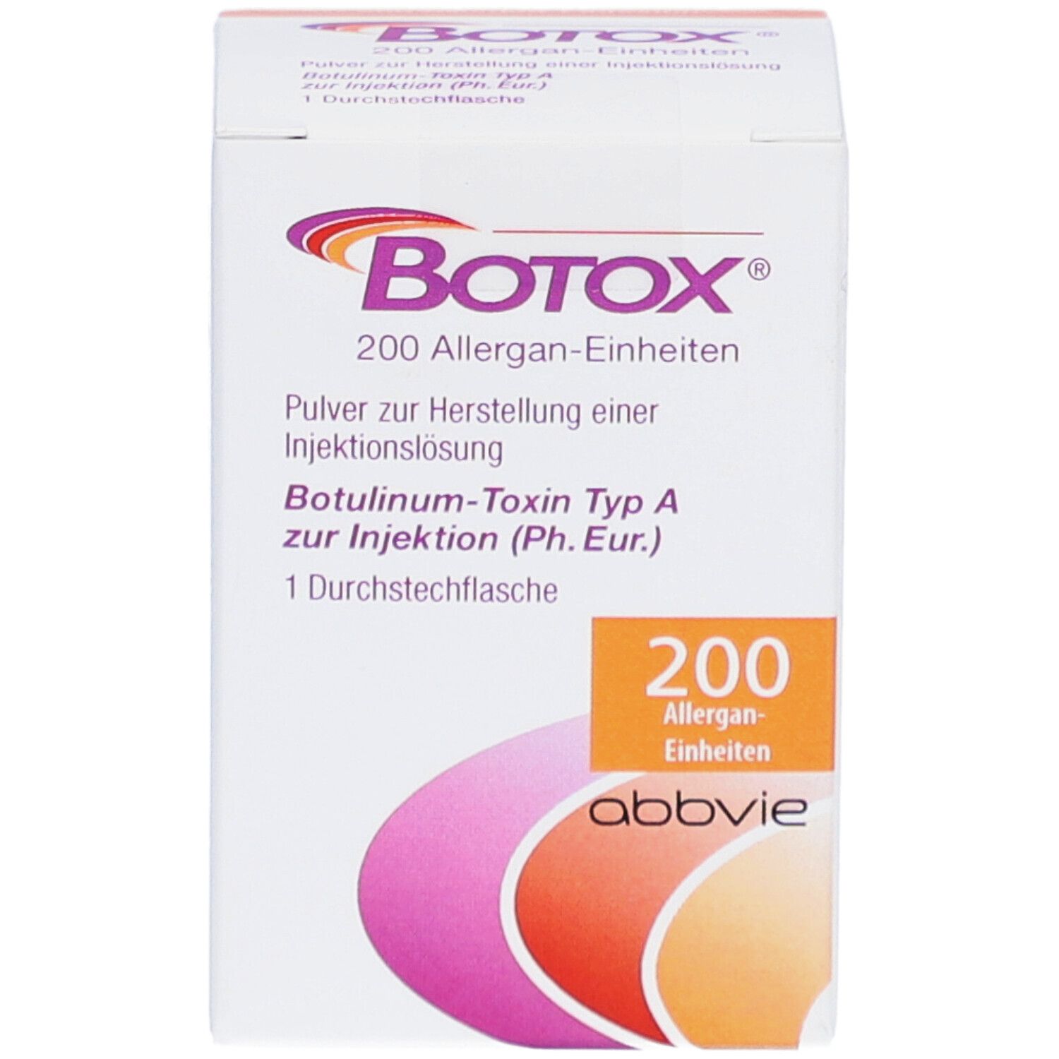 BOTOX-Verpackung. Enthält 200 Allergan-Einheiten. Pulver zur Herstellung einer Injektionslösung. Mit Logo.