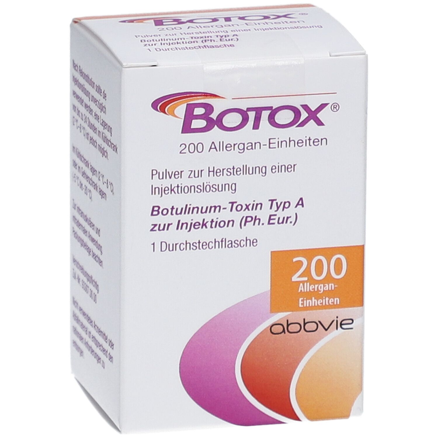 BOTOX-Verpackung. Enthält 200 Allergan-Einheiten. Pulver zur Herstellung einer Injektionslösung. Mit Logo.
