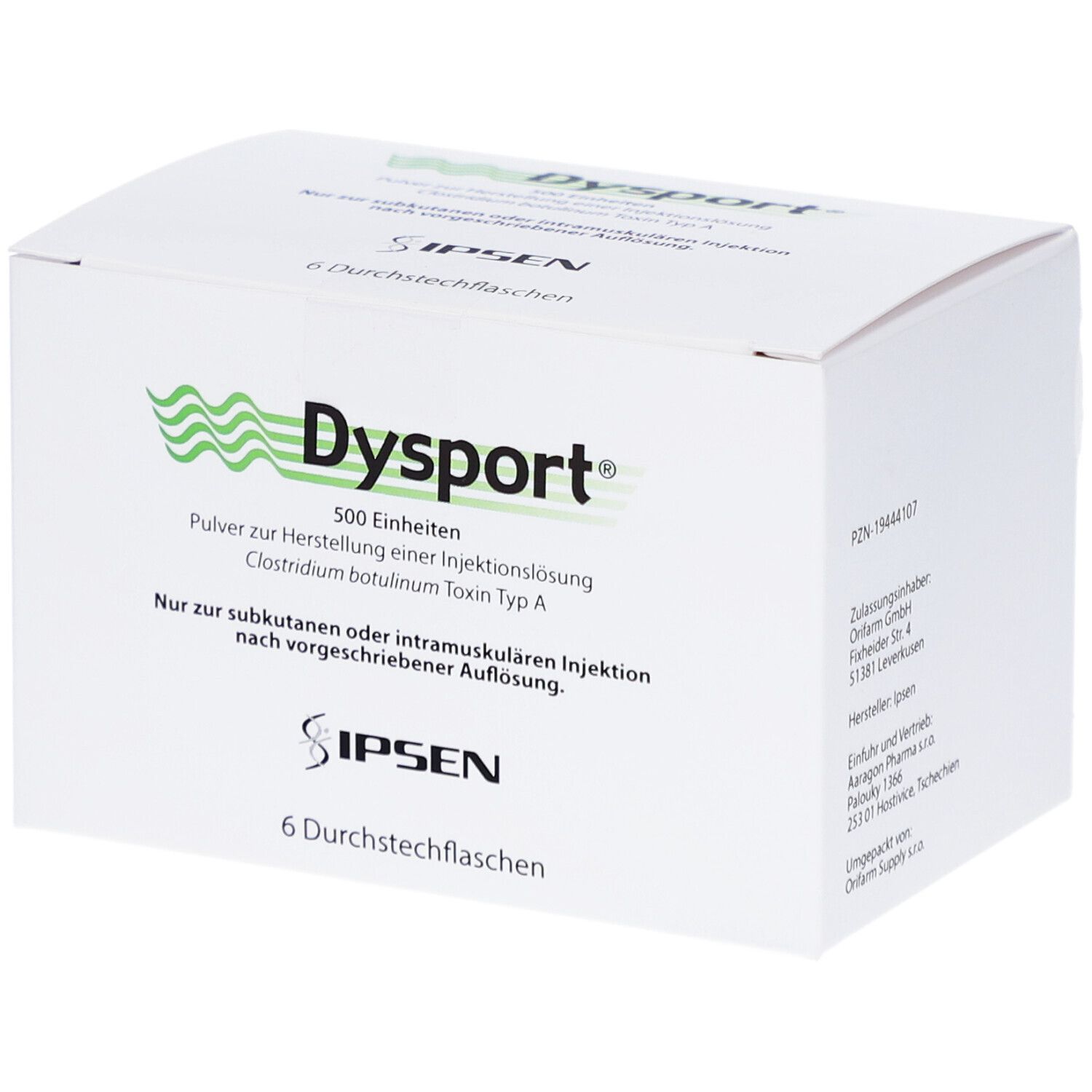 Weiße Kartonverpackung mit grünem Logo und Schriftzug "Dysport". Enthält 6 Durchstechflaschen. Text in Deutsch.