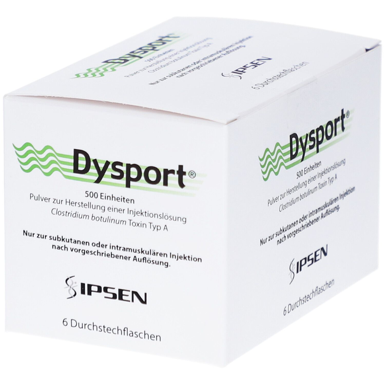 Weiße Kartonverpackung mit grünem "Dysport"-Logo und Text. Enthält 6 Durchstechflaschen. "500 Einheiten" und "IPSEN" sind ebenfalls sichtbar.