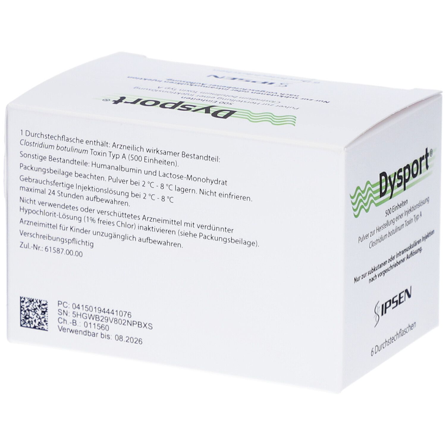 Weiße Kartonverpackung mit Text. Enthält Informationen über den Inhalt und die Inhaltsstoffe. "Dysport" und "IPSEN" sind sichtbar.