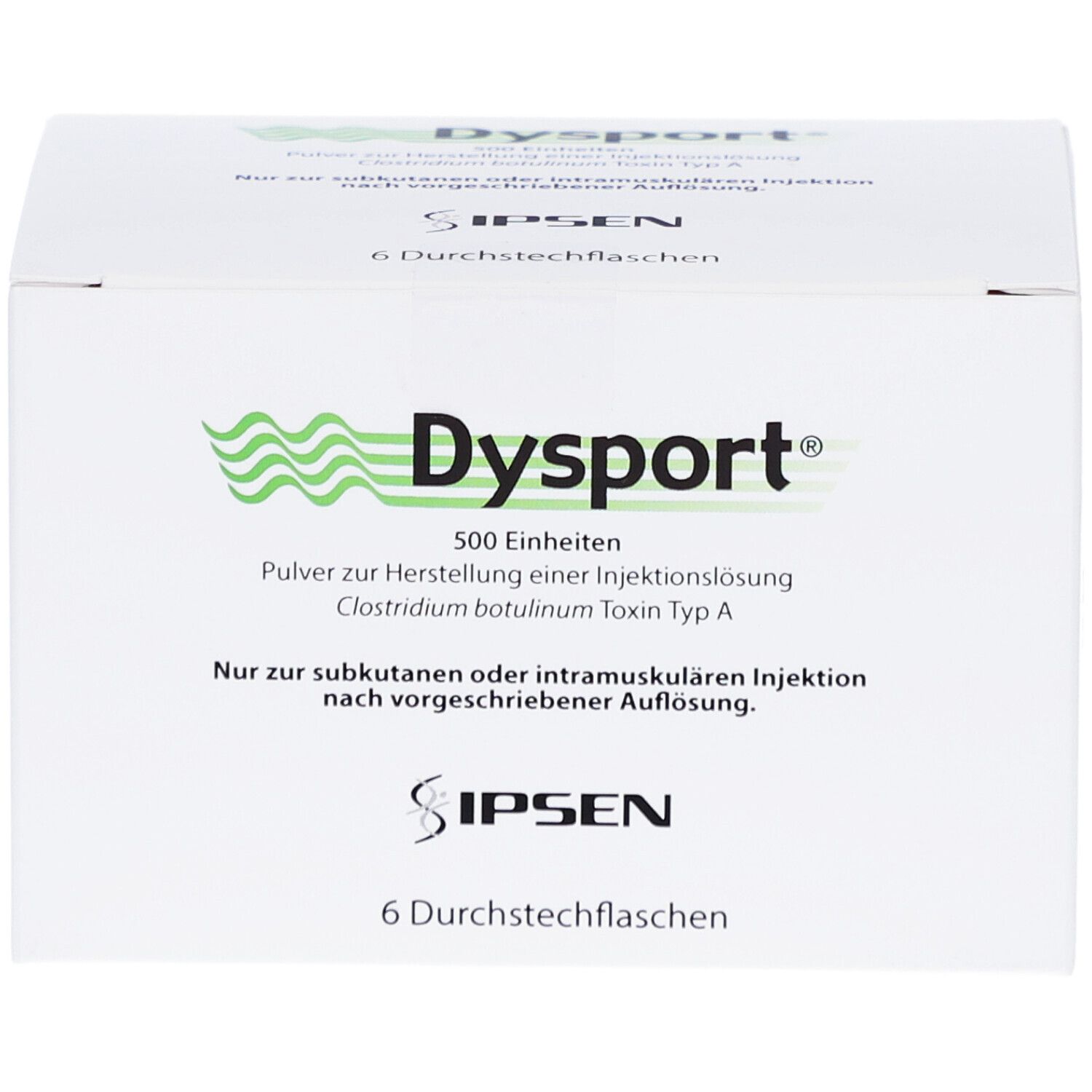 Weiße Kartonverpackung mit grünem "Dysport"-Logo und Text. Enthält 6 Durchstechflaschen. "500 Einheiten" und "IPSEN" sind ebenfalls sichtbar.