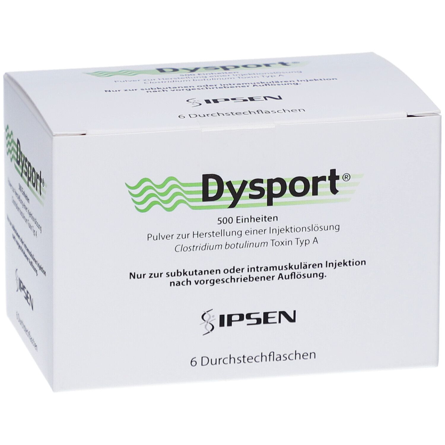 Weiße Kartonverpackung mit grünem "Dysport"-Logo und Text. Enthält 6 Durchstechflaschen. "500 Einheiten" und "IPSEN" sind ebenfalls sichtbar.