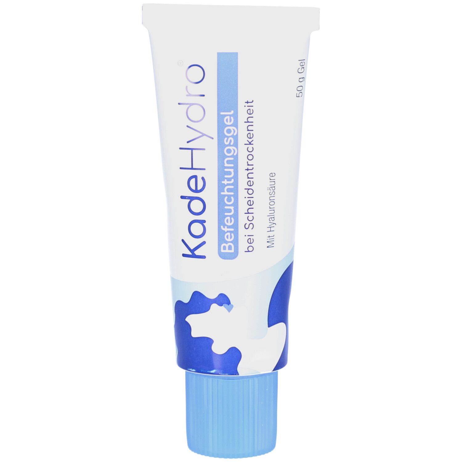 Tube KadeHydro Befeuchtungsgel. Blau-weißes Design, Schriftzug. Blauer Schraubverschluss.