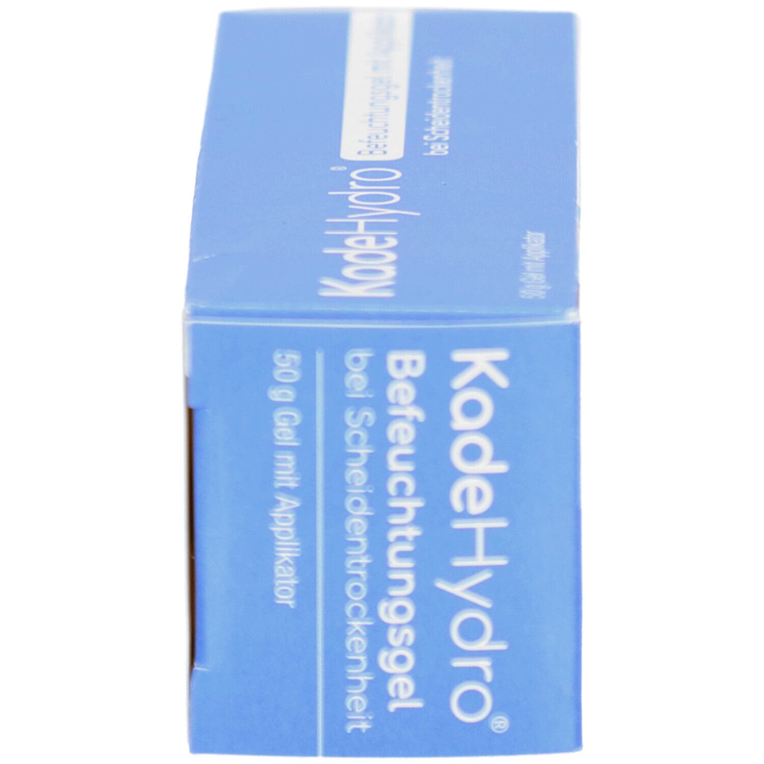 KadeHydro Befeuchtungsgel-Packung. Seitenansicht. Blau-weißes Design, Schriftzug.