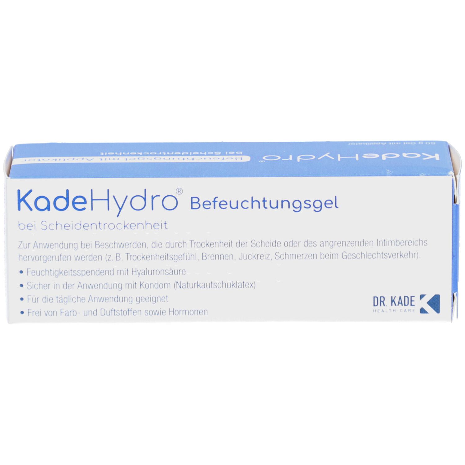 KadeHydro Befeuchtungsgel-Packung. Textinformationen zur Anwendung. Weiß mit blauem Schriftzug.