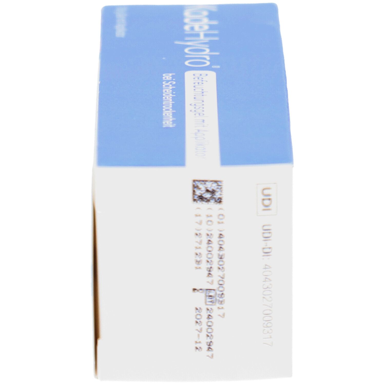 KadeHydro Befeuchtungsgel-Packung. Seitenansicht. Textinformationen, Chargennummer.