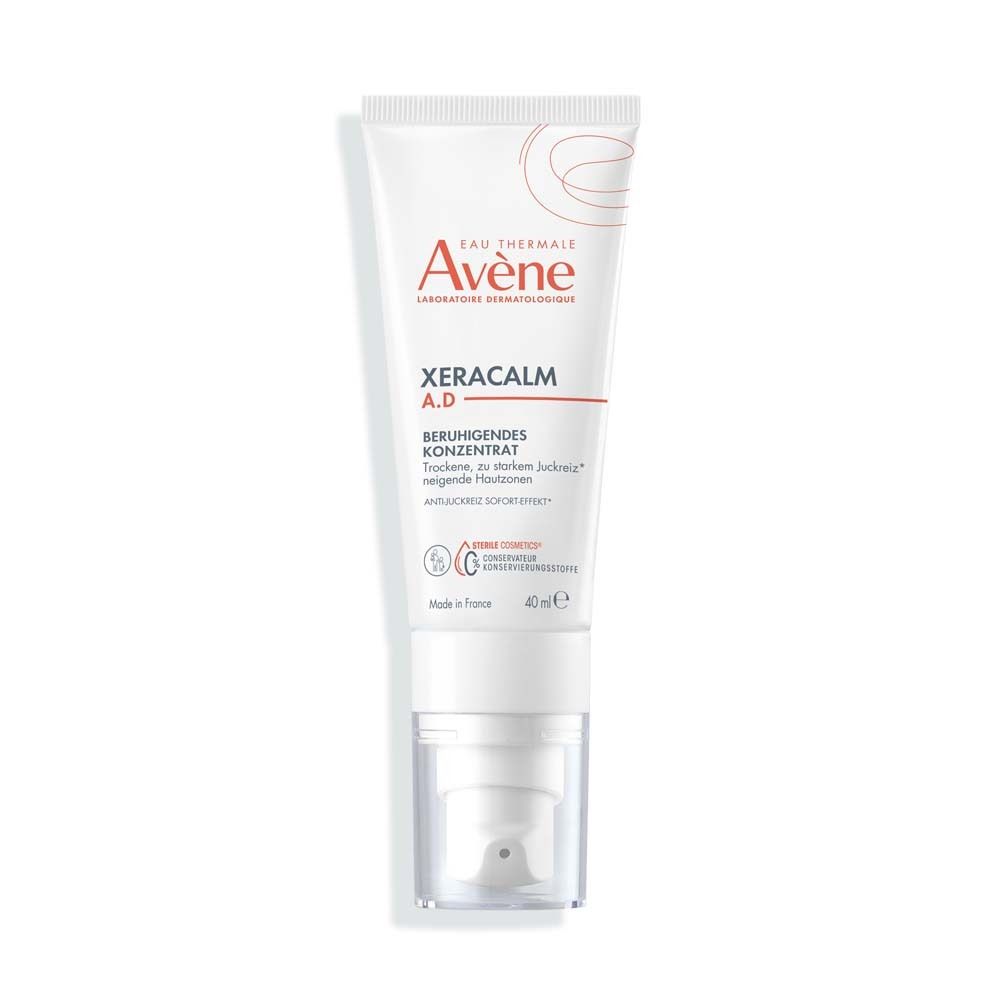 Weiße Tube mit Produkt. Aufschrift: Eau Thermale Avène, XERACALM A.D, beruhigendes Konzentrat. 40ml.