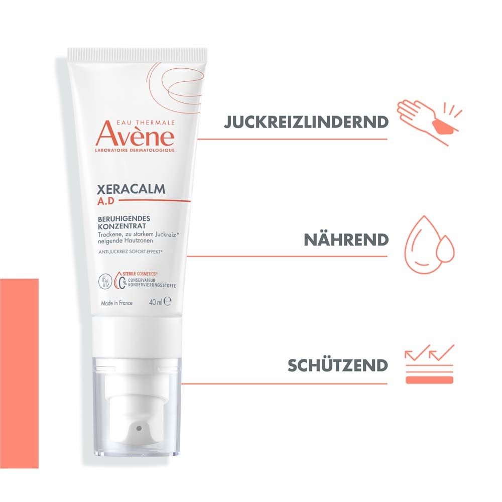 Weiße Tube mit Produkt. Aufschrift: Eau Thermale Avène, XERACALM A.D, beruhigendes Konzentrat. 40ml. Illustrationen.