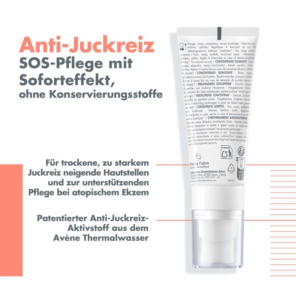 Rückseite der Tube. Text: Anti-Juckreiz SOS-Pflege, ohne Konservierungsstoffe. Für trockene, zu starkem Juckreiz neigende Hautstellen.