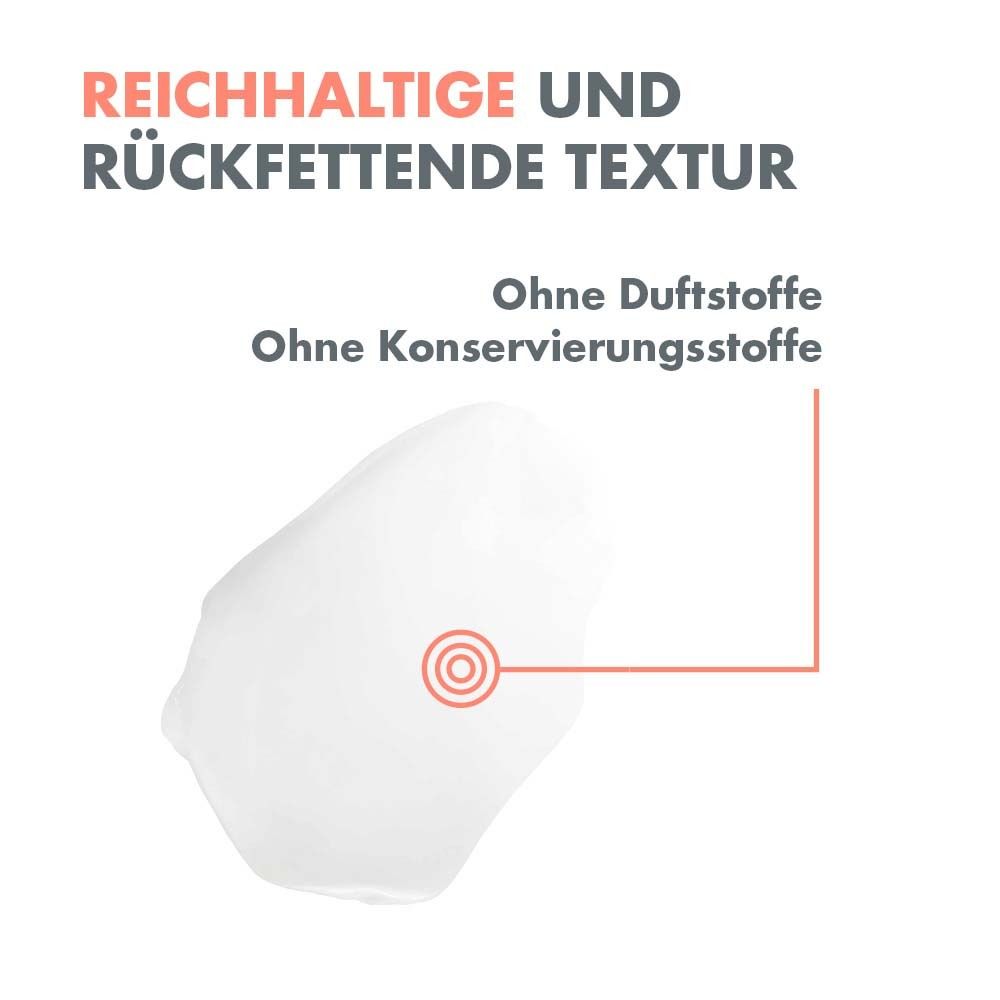 Weiße Masse mit rotem Punkt. Text: Reichhaltige und rückfettende Textur. Ohne Duftstoffe, ohne Konservierungsstoffe.
