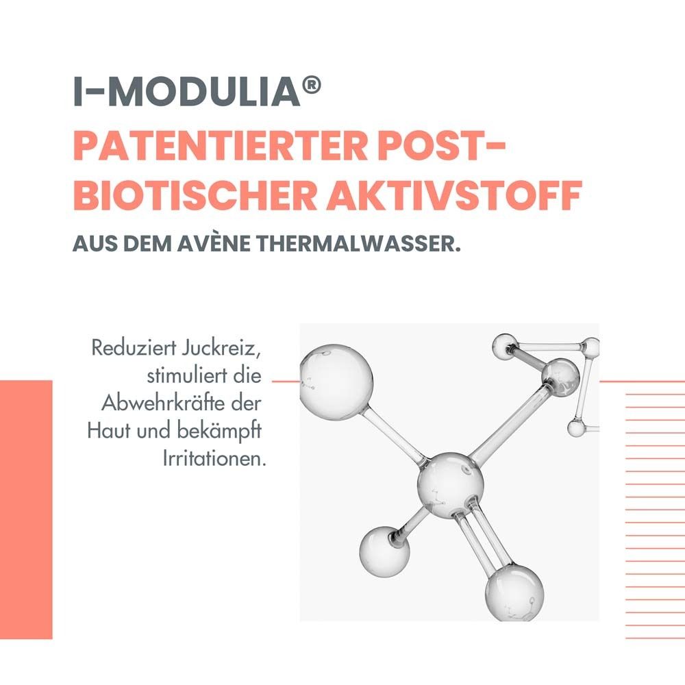 Molekülstruktur. Text: I-MODULIA, patentierter post-biotischer Wirkstoff aus Avène Thermalwasser. Reduziert Juckreiz.