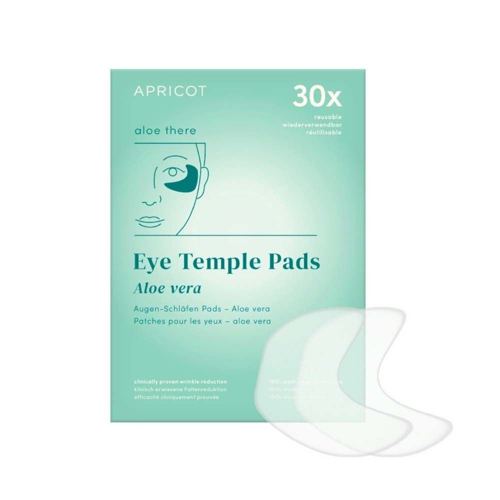 Verpackung mit APRICOT Eye Temple Pads. Enthält 30 wiederverwendbare Pads. Aloe Vera. Aufdruck: Augen-Schläfen Pads.