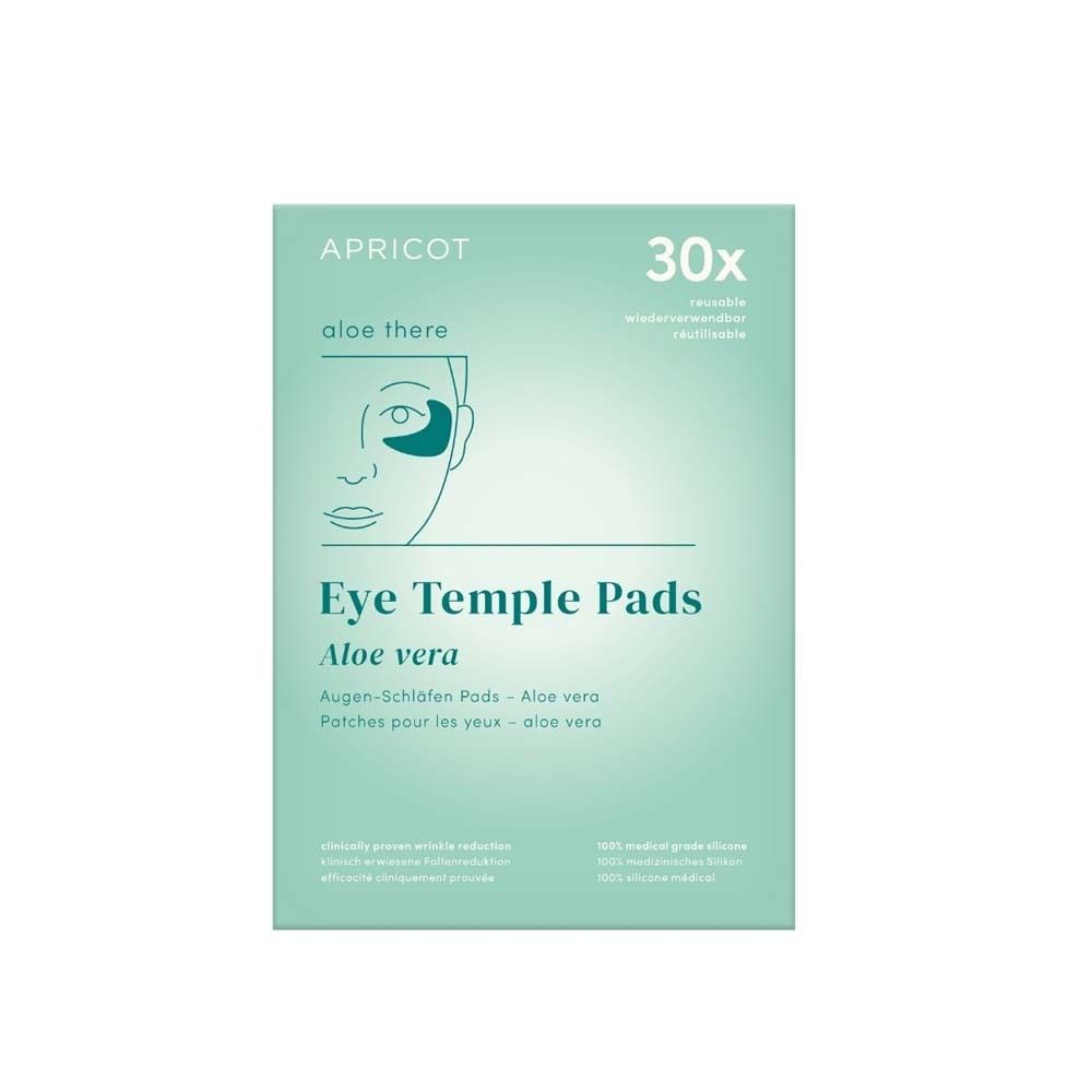 Verpackung mit APRICOT Eye Temple Pads. Enthält 30 wiederverwendbare Pads. Aloe Vera. Aufdruck: Augen-Schläfen Pads.