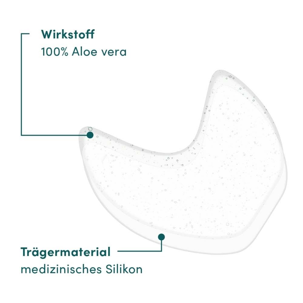 Grafik: Eye Temple Pad mit Beschriftungen. Wirkstoff: 100% Aloe Vera. Trägermaterial: medizinisches Silikon.