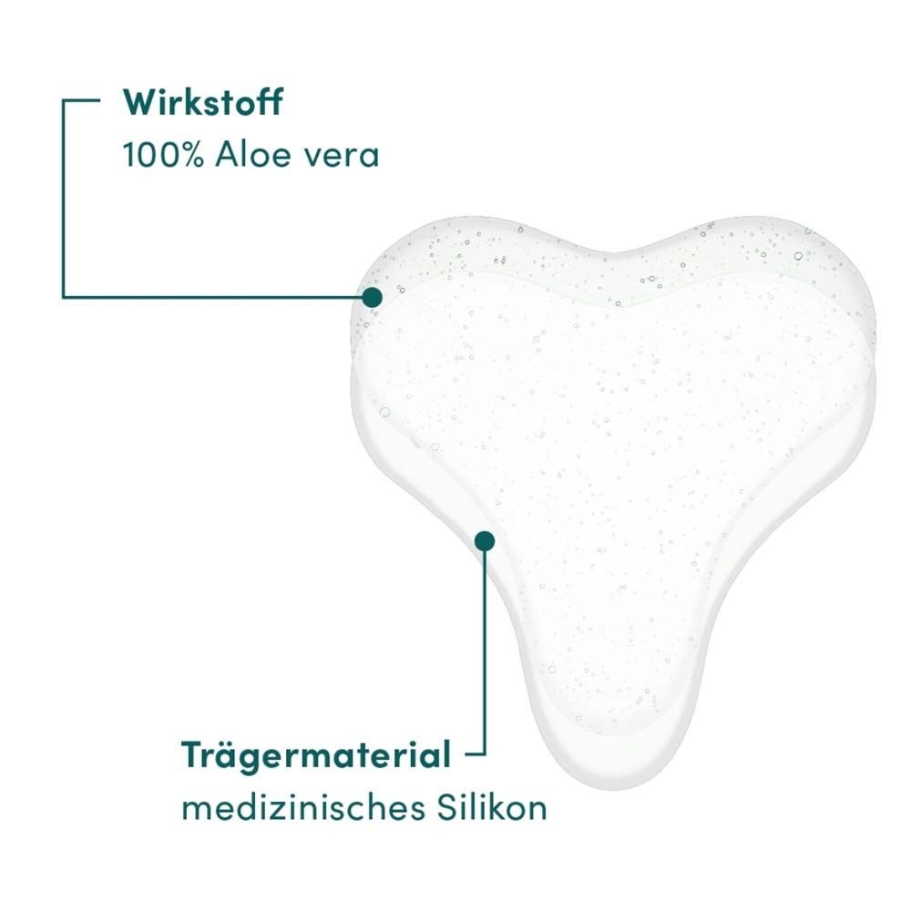 Herzförmiges Dekolleté Pad mit Aloe Vera. Text: Wirkstoff 100% Aloe vera. Trägermaterial medizinisches Silikon.