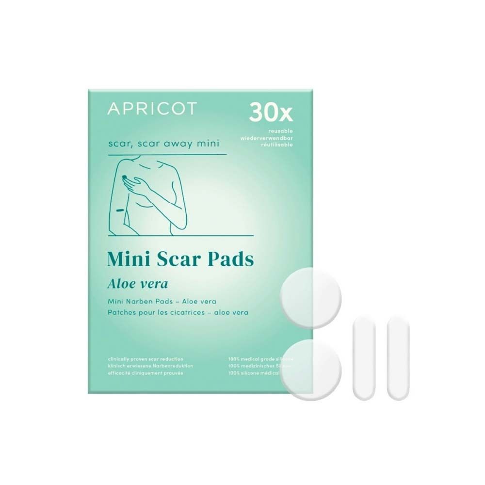 Packung mit APRICOT Mini Narben Pads. Enthält runde und längliche Pads. Aufschrift: Mini Scar Pads, Aloe vera.