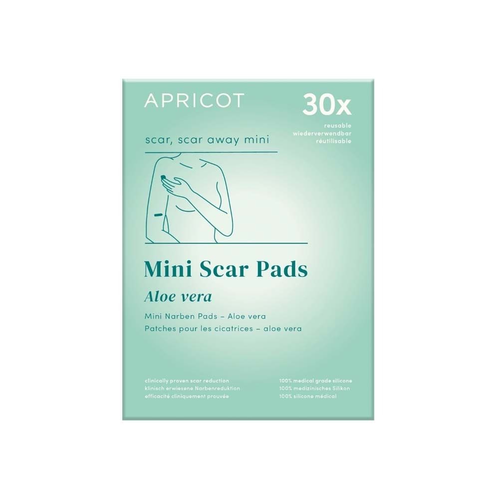 Packung mit APRICOT Mini Narben Pads. Aufschrift: Mini Scar Pads, Aloe vera. 30 Stück. Grün-weißes Design.