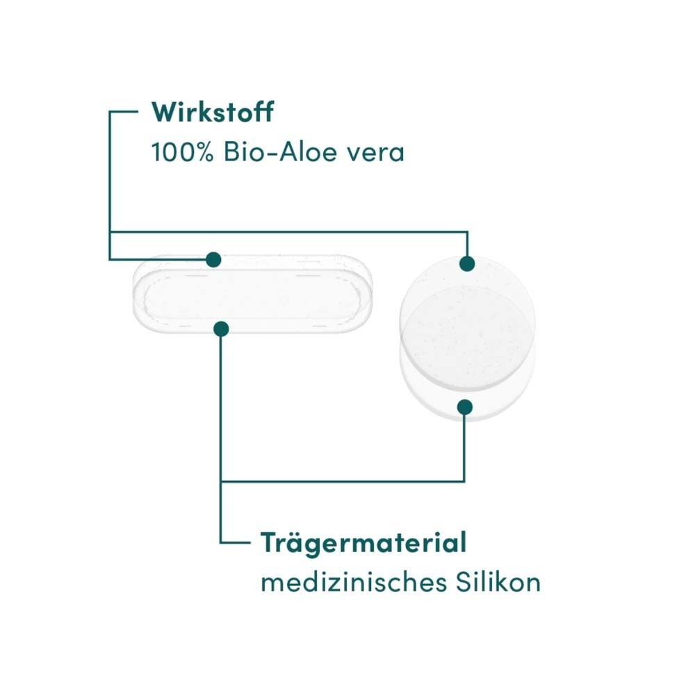 Diagramm mit Narben Pads. Beschriftung: Wirkstoff 100% Bio-Aloe vera, Trägermaterial medizinisches Silikon.